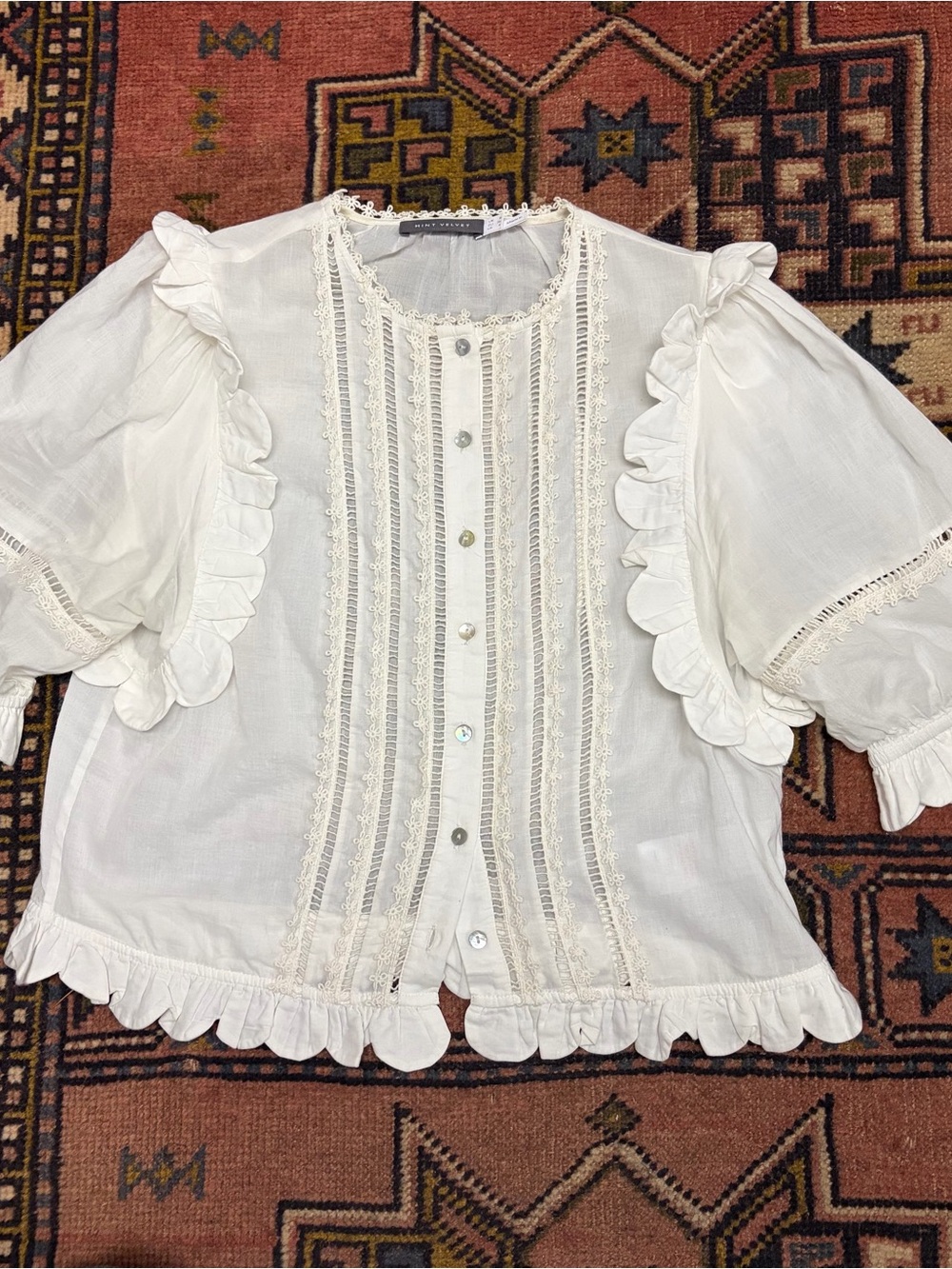 Mint Velvet White Ruffle Trim Cotton Top. Size 4.